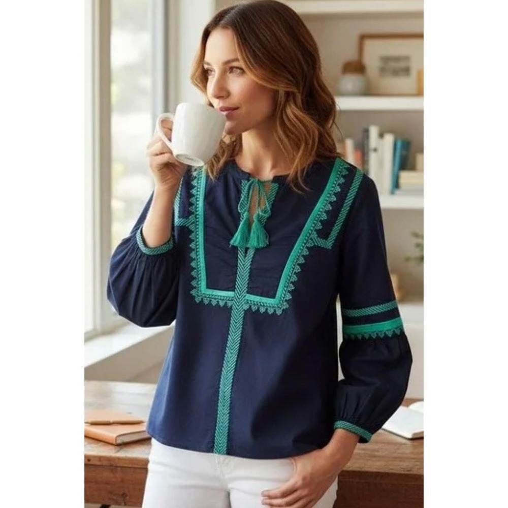 J.Crew Embroidered Boho Peasant Tassel Top Sz 8 Linen Cotton Navy Blue Green - Picture 12 of 12
